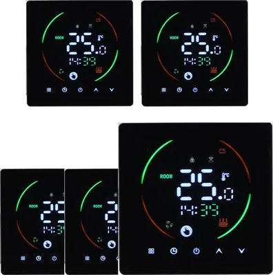 A collage of five black digital thermostats with illuminated displays showing temperature and time.