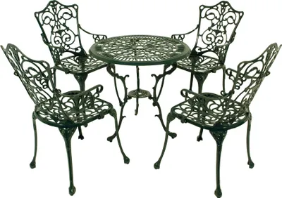 A dark green cast aluminum bistro set with a round table and four chairs, displayed on a white background.