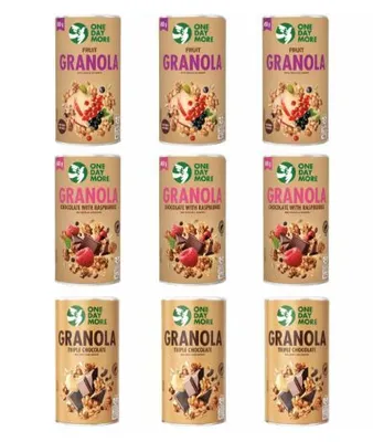 Produktbild von Granola XL-Set, Schoko-Granola mit Himbeeren, Früchte-Granola und dreifach Schokoladig, Reich an Ballaststoffen, Dose, 6 x 450g + 3 x 500g