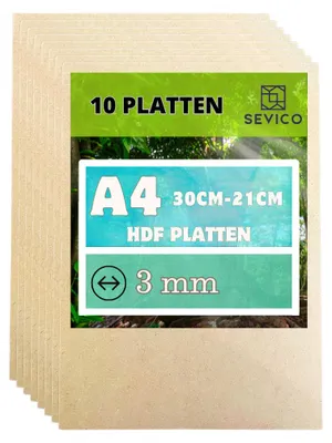Produktbild von 10 x A4 HDF Platten | 300 x 210 x 3 mm | Dünne Holz-platten | Perfekt für Laser, CNC Router, Modellierung, Durchbrochenes, Laubsäge | A004-019