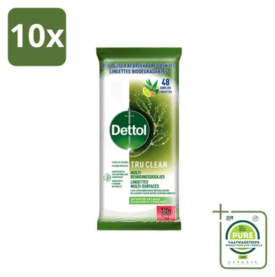 Productafbeelding van 10 x Dettol Tru Clean multifunctionele reinigingsdoekjes - Eucalyptus & Limoen - Biologisch afbreekbaar - Grote verpakking - 10 stuks