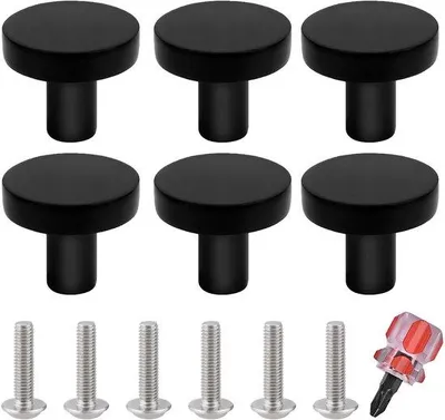 Obrázok produktu pre Uniqoos® Sada 6 okrúhlych čiernych matných úchytiek do skriniek – zinková zliatina, priemer 30 mm × výška 22 mm, vhodné do kuchynských skriniek, zásuviek a šatníkových skríň