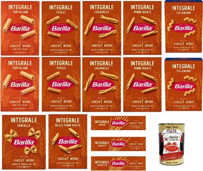Produktbild von Barilla Integrale Sortenmix – 15 × 500 g Vollkorn-Hartweizenpasta (Fusilli, Penne Rigate, Casarecce, Tortiglioni, Cellentani, Farfalle, Mezze Penne, Linguine, Spaghetti) + Italian Gourmet polpa 400g