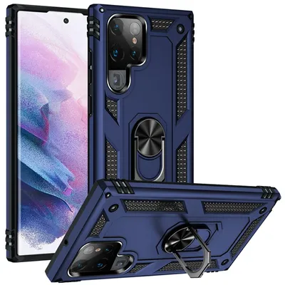 Productafbeelding van MobyDefend Hoesje - Geschikt voor Samsung Galaxy S22 Ultra  -  Pantsercase Met Draaibare Ring - Blauw
