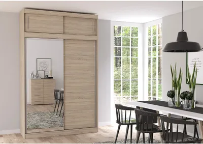 Produktbild von Schwebetürenschrank Kleiderschrank Schrank 150cm mit Spiegel und Aufsatz 150/45/61cm Sonoma/Sonoma Vista 05