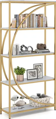 Produktbild von COSTWAY Bücherregal, Büroregal mit Holzregale & Metallrahmen, Standregal, Aufbewahrungsregal für Wohnzimmer & Arbeitszimmer, Gold und weiß