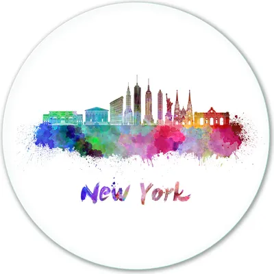 Produktbild von Wallario Premium Glasbild, freischwebende Optik, kräftige Farben, rund 50cm Durchmesser, Motiv Städte als Aquarell - Skyline von New York