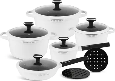 A set of white cookware with black lids and handles, arranged on a white background.