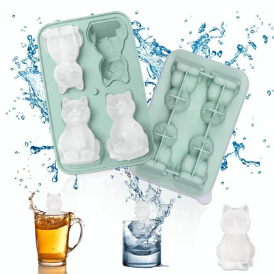 Immagine prodotto di Stampo in silicone a forma di gatto per cubetti di ghiaccio, con coperchio, confezione da 4, colore verde