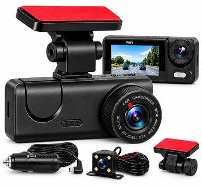 Produktbild von Dashcam Auto Vorne Hinten mit Rückfahrkamera – 1080P Frontkamera + Innenraumkamera + Rückkamera, 2 Zoll IPS Display, 140° Weitwinkel, Loop-Aufnahme, Dash Cam für PKW Transporter – Standardkabel – Stromversorgung während der Fahrt