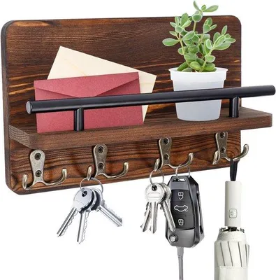 Immagine prodotto di Cassetto portaoggetti - Cassetto in legno con 4 ganci in acciaio inossidabile - Soluzioni organizzative per ingresso, porta d'ingresso, corridoio, camera da letto e ufficio