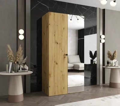Obrázek produktu pro Zrcadlová šatní skříň CAITIR 2 100 cm - dub artisan / černý úchyt
