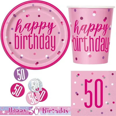 Produktbild von 50. Geburtstag Partyset "Pink Schimmer" Einweggeschirr