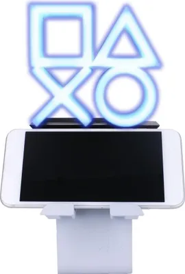 A white smartphone stand with a smartphone on it, topped by a glowing blue PlayStation logo.