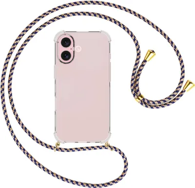 Produktbild von Handykette Backcover-Schutzhülle mit Band (Metall goldfarben) für iPhone 16 - blau+beige