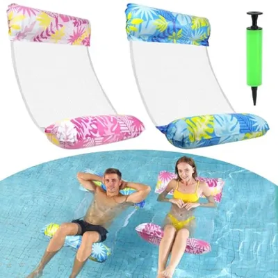 Produktbild von PromoHome® 2 Stück 4-in-1 aufblasbare Wasserhängematte mit Luftpumpe – Luftmatratze für Pool, Strand und Wasserpartys, Blau & Rosa