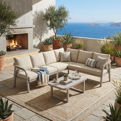 Produktbild von Eckiges Gartenmöbel-Set Beige für bis zu 6 Personen, geflochtene Arm- & Rückenlehnen, verzinkte Stahlrohre, stabil & wetterfest für Garten & Terrasse