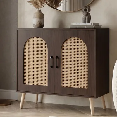Immagine prodotto di Cassettiera HWC-P51, madia con ante credenza vani portaoggetti, poly rattan MDF melamina 79x80x40cm ~ aspetto noce