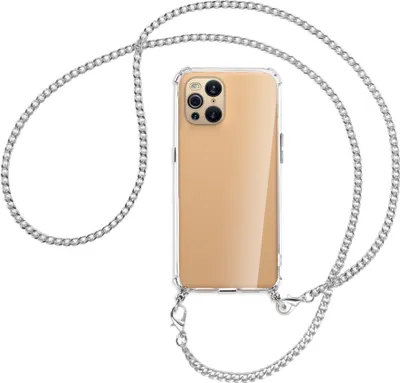 Produktbild von Handykette Backcover-Schutzhülle mit Band (Metall silberfarben) für Oppo Find X3 Pro - silberfarbene Kette
