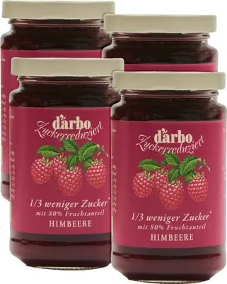 Produktbild von Food-United FRUCHTAUFSTRICH zuckerreduziert von DARBO Himbeere 4x 250g Glas fruchtiger raspberry fruit spread mit 1/3 weniger Zucker perfekt für Himberkuchen Brot und Brötchen Frühstück Porridge Quark Pudding Eiscreme Torten Füllungen Gebäck