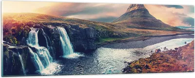 Produktbild von Bilder auf glas - Einteilig - Wasserfall Himmel Berg - 90x30cm - Glasbilder - Wandbilder - Bilder - zum Aufhängen bereit - Wanddekoration aus Glas - Glas Bilder - Wandbild auf Glas - GAB90x30-5111