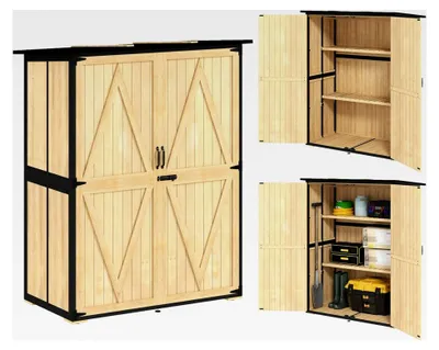 Produktbild von Gartenschrank aus Holz, wetterfester Geräteschuppen mit 2 Türen, Regalen und Asphaltdach, Werkzeugschrank für Garten und Terrasse, 140 x 74 x 173 cm, Naturholz