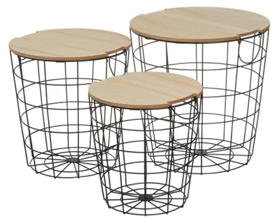 Produktbild von Set mit 3 Beistelltischen aus Metall und MDF in Schwarz und Natur