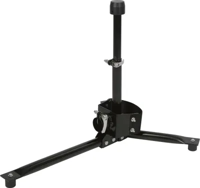 A black metal hoof stand with adjustable height and a tripod base, shown against a white background.