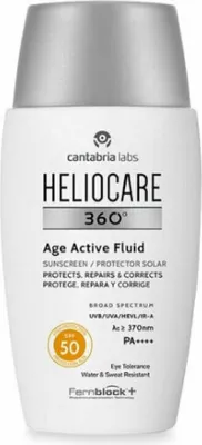 A white bottle of Heliocare 360 Age Active Fluid sunscreen with a silver cap.