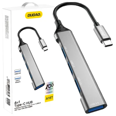 Produktbild von DUDAO A16T 4-in-4 USB-C Hub, Kabelgebunden, USB 3.2 Gen 1 (3.1 Gen 1) Type-C, Grau, Aluminium, 0,063 m