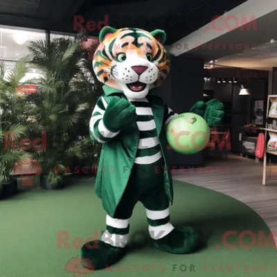 Produktbild von Maskottchenfigur REDBROKOLY eines waldgrünen Tigers mit Ballkleid und Einstecktüchern