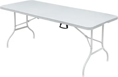 Image de Table pliante - Table de camping 183 cm - Grande capacité de charge - Pliable au centre - Structure en métal avec pieds - Poignée de transport - Idéale pour les pique-niques, le camping et les fêtes - Blanche