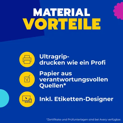 Produktbild von Avery Zweckform 3418, Universal-Etiketten, A4, Qualitätsdruck mit: ultragrip, 200 x 297 mm, 100 Etiketten / 100 Bögen, weiß