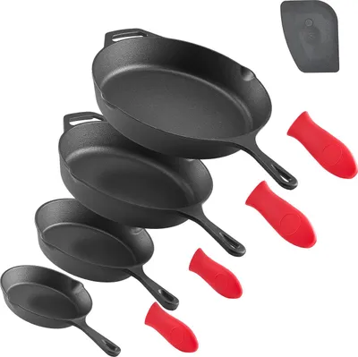 Obrázok produktu pre Súprava liatinových panvíc VEVOR (150 / 205 / 260 / 305 mm), odolné panvice so žiaruvzdornou rukoväťou, panvica na varenie, kuchynský riad, vhodné do rúry, plynové, elektrické, čierne