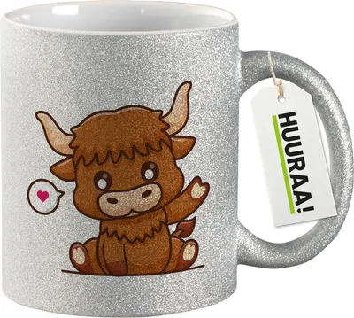 Produktbild von Huuraa Glitzertasse Schottisches Hochlandrind Zottelrind 330ml Silber Keramik Kaffeebecher Geschenkidee