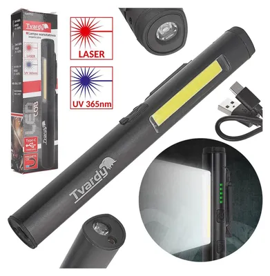 Obrázok produktu pre Dielenská pracovná LED COB lampa s laserom, UV svetlom a magnetom, nabíjateľná, 5W, 800mAh, 400lm