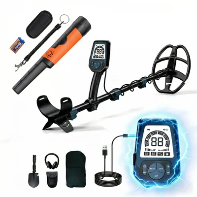 Produktbild von Metalldetektor Metallsuchgerät - MD16 - 1800 mAh wiederaufladbar 24 h - 5 Suchmodi - IP68 wasserdichte 28 cm DD-Spule - 25 cm Tiefe - LCD-Set mit Zubehör - Orange