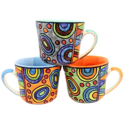 Produktbild von Kaffeetassen Set 3-teilig Bunt – Handbemalte Keramik Tassen 450 ml | Spülmaschinenfest & Mikrowellengeeignet