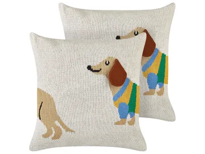 Produktbild von BELIANI Dekokissen 2er Set Beige Baumwolle Quadratisch 45x45 cm mit Tiermotiv Dackel für Kinder Niedlich Modern Wohnzimmer Deko Kinderzimmer Sofakissen