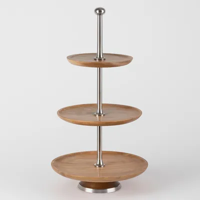 Produktbild von Etagere aus Mangoholz 3-stöckig Ø 28 cm H 58 cm – stilvolle Holzetagere mit Metallstange für Obst Gebäck oder Deko, rustikal und elegant für Tisch & Buffet