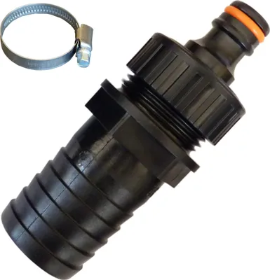 Produktbild von kompakter Schlauchadapter Schlauchverbinder kompatibel Gardena Stecksystem auf 32 mm Poolschlauch mit Schlauchschelle