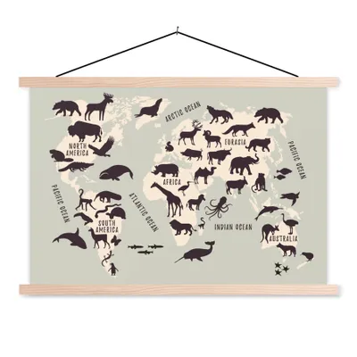 Obrázok produktu pre MuchoWow® Textilný plagát - Mapa sveta - Deti - Sivá - 60x40cm - S hnedými lamelami