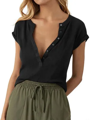 Produktbild von Damen-Tops mit tiefem V-Ausschnitt, lässige gerippte Henley-Shirts, Sommer-Kurzarm-Shirts,Größe:S