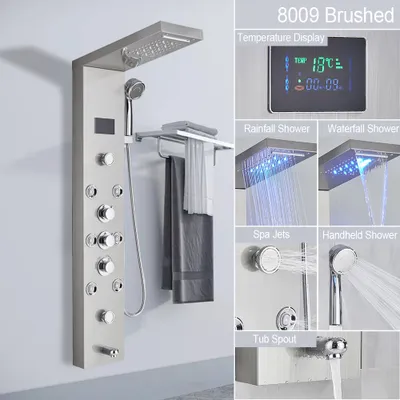 Produktbild von Linuode LED-Licht Duschpaneel Wasserfall Regendusche Wasserhahn Set SPA Massage Jet Badewanne Duschsäule Dusche Mischbatterie Turm,Nickel gebürstet 8009
