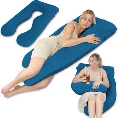 A collage of images showing a blue U-shaped pregnancy pillow. One image shows the pillow laid out, another shows a woman sleeping on it, and a third shows a woman sitting up with the pillow.
