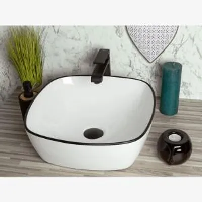 Zdjęcie produktu dla Umywalka nablatowa KERRA KR-650, ceramiczna, biała z czarnym rantem