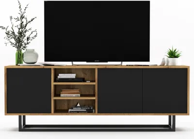 Produktbild von TV-Schrank TV-Lowboard TV-Schrank Apollo  Dreitürig Modern Lindner Möbel  Loft Style 150cm x 53cm x 35cm Farbe: Wotan Eiche matt - schwarz matt