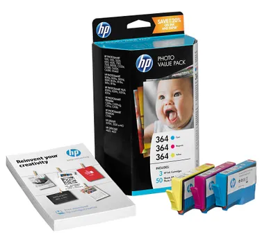 Produktbild von HP 364 Photo Value Pack – 50 Blatt/10 x 15 cm, Cyan, Magenta, Gelb, Tinte auf Pigmentbasis, 3 Stück(e), 300 Seiten, Multipack