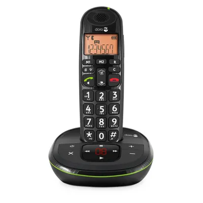 A black cordless phone with a green accent sits on its charging base against a white background.