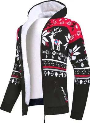 Produktbild von Nebulus Norweger Jacke Hoody mit Teddyfell NORON Herren, mit Kapuze, schicker Pullover im Norweger-Style, P6404 - Herren, schwarz-rot, L